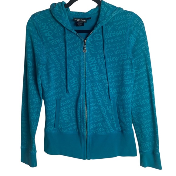 Harley Davidson Size Small Full Zip Hoodie Sweatshirt Y2K Script Teal Blue Biker - Picture 1 of 7
